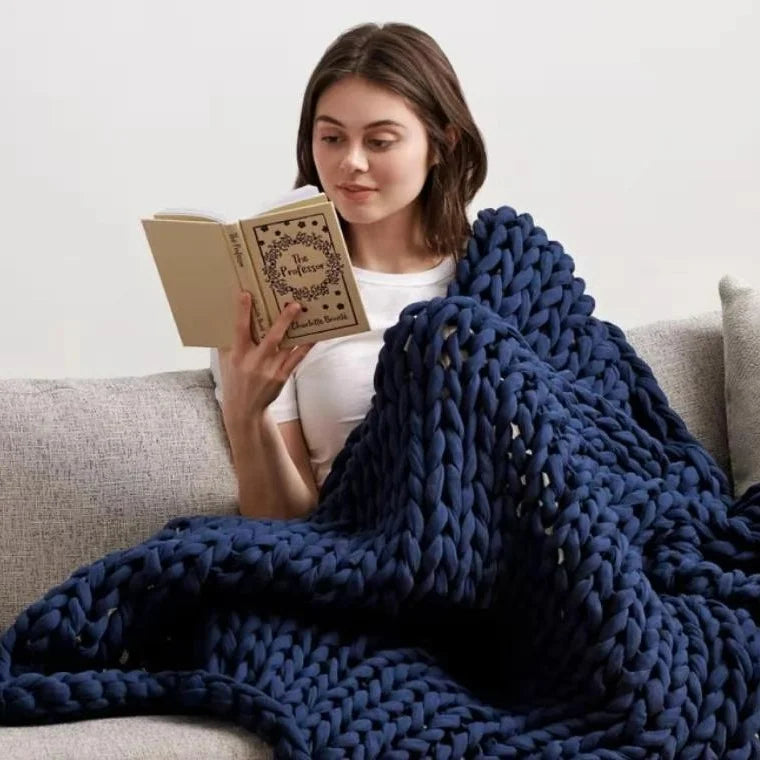 Hand Knit Weighted Blanket , Chunky Knit for Sleep, Stress