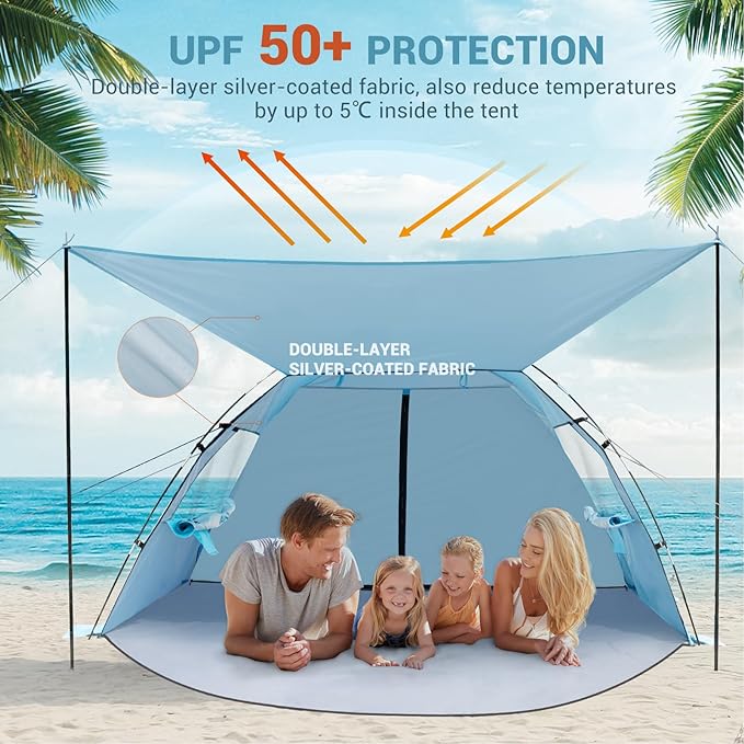 Elegear Beach Tent with 360° Removable Canopy, 4-6 Person Pop Up Sun Shade Shelter