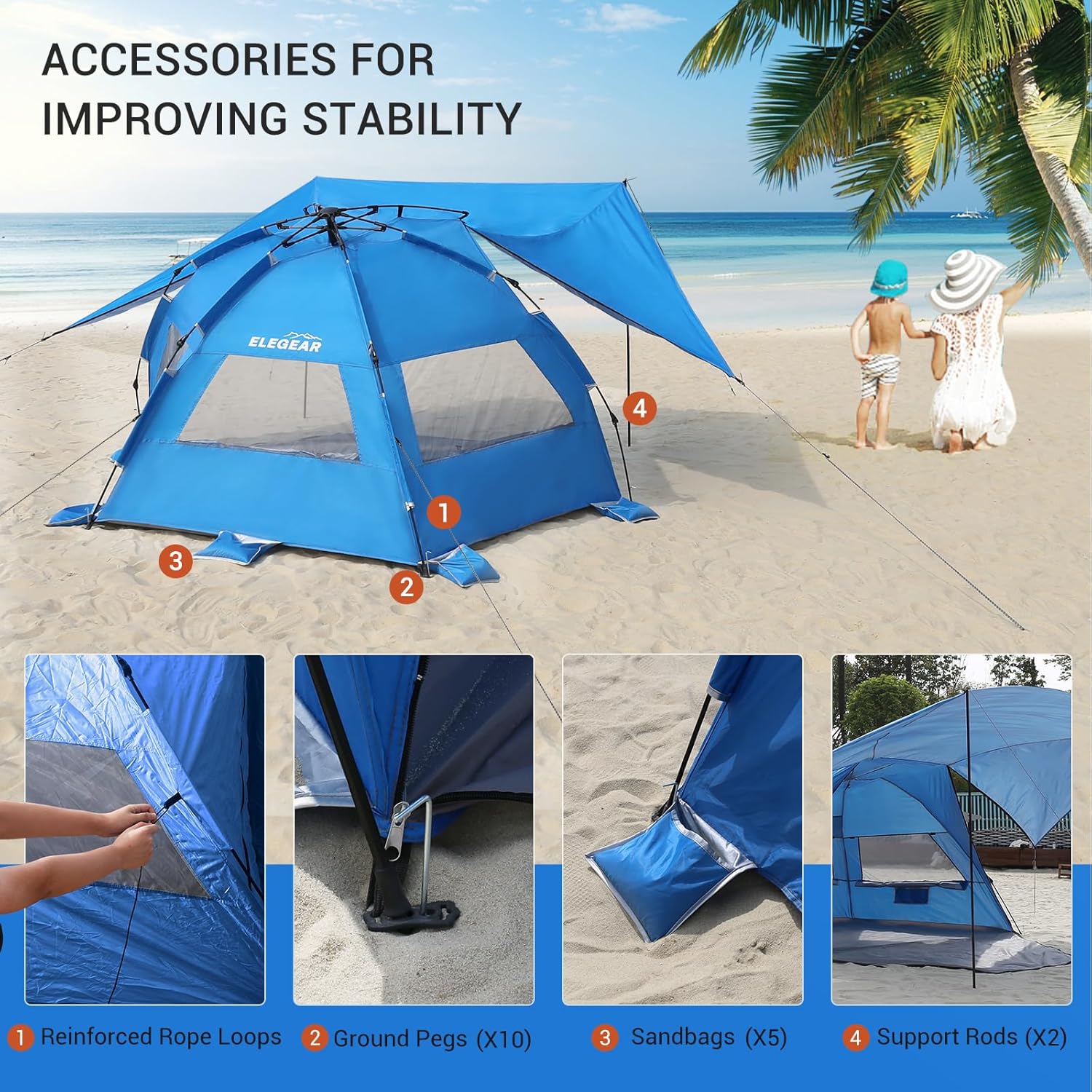 Elegear Beach Tent with 360° Removable Canopy, 4-6 Person Pop Up Sun Shade Shelter