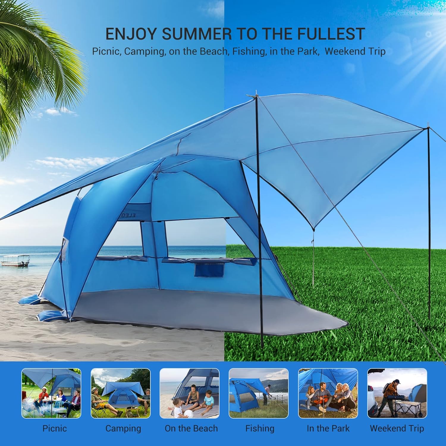 Elegear Beach Tent with 360° Removable Canopy, 4-6 Person Pop Up Sun Shade Shelter