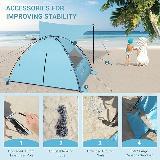 Elegear Beach Tent with 360° Removable Canopy, 4-6 Person Pop Up Sun Shade Shelter