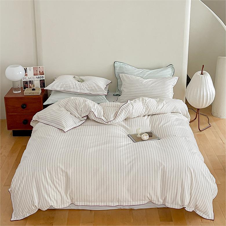 Striped cuffed edges washed cotton sheet four-piece set for summer