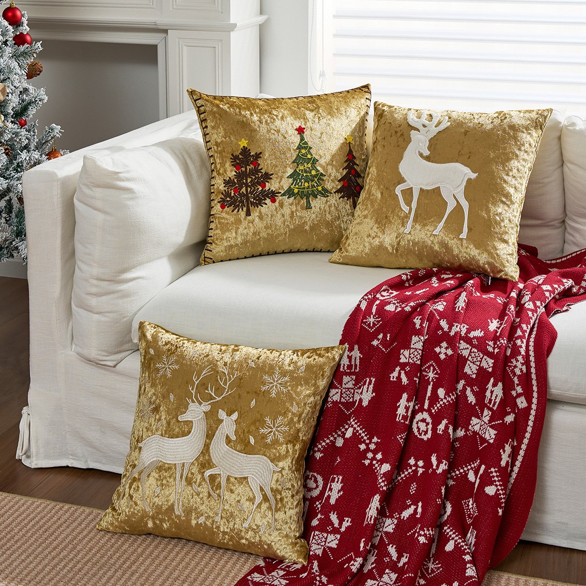 Sofa Pillowcase Elk and Snowflake Embroidery Christmas Decorative Cushion Cover 1 Set