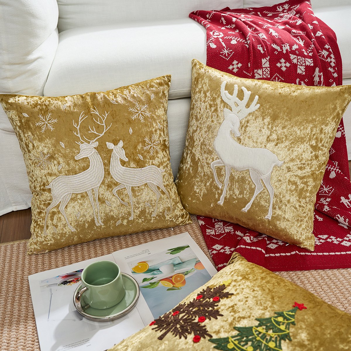 Sofa Pillowcase Elk and Snowflake Embroidery Christmas Decorative Cushion Cover 1 Set