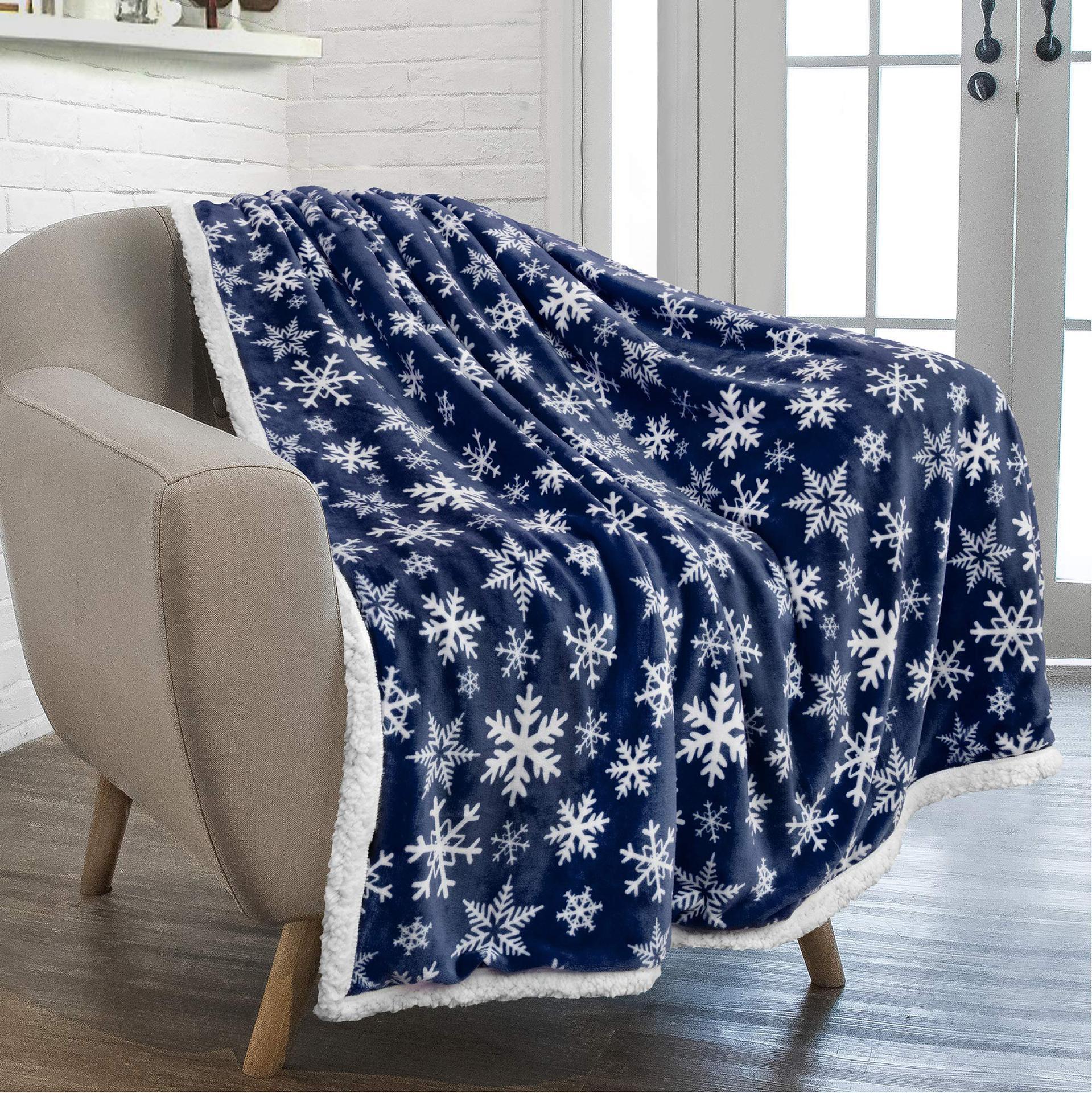 Elegear Premium Christmas Sherpa Throw Blanket | Blue Snowflake Decoration, Plush, Warm, Cozy Reversible Microfiber Holiday Blanket