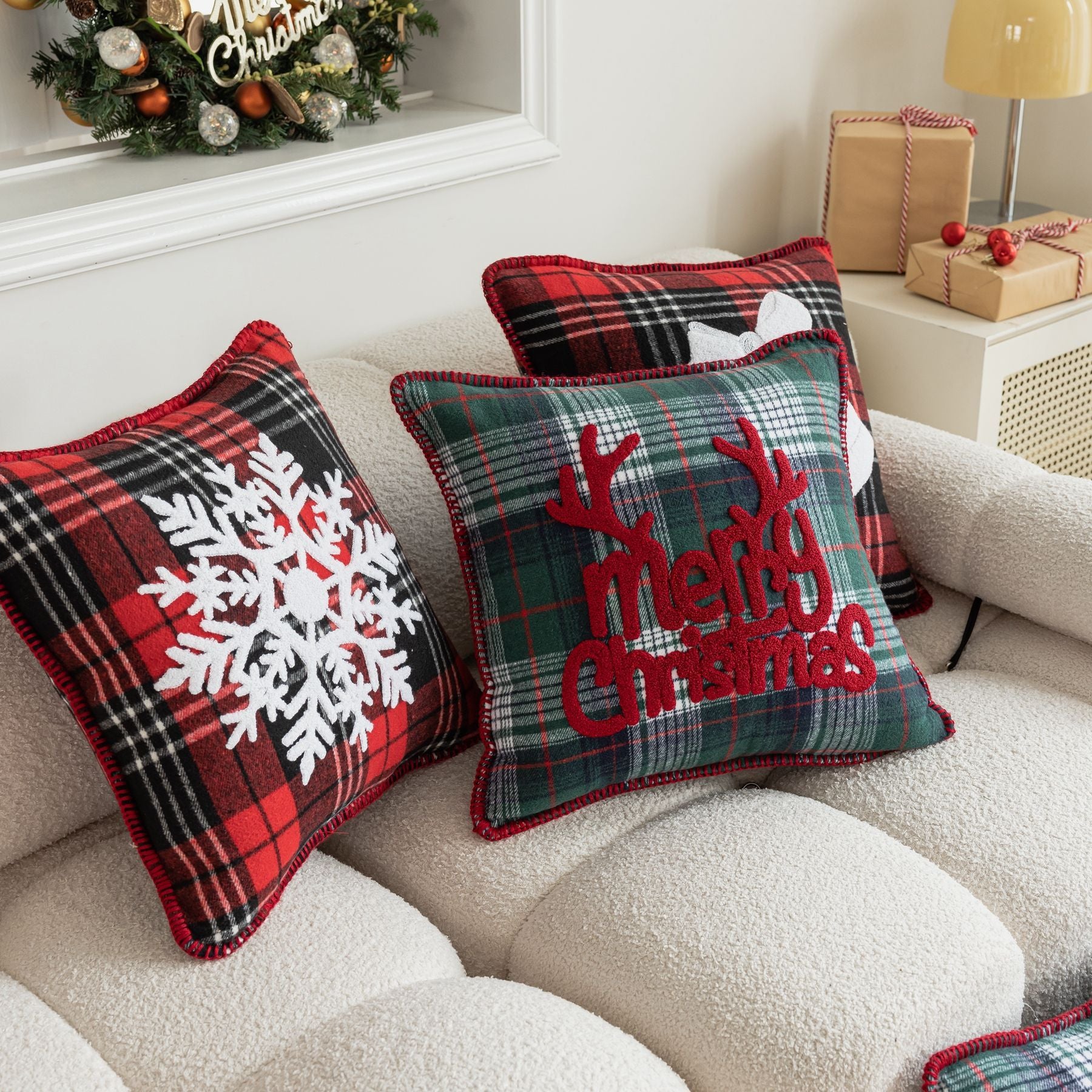 Christmas Embroidery Pillowcase Plaid Christmas Bedside Sofa Cushion Cover