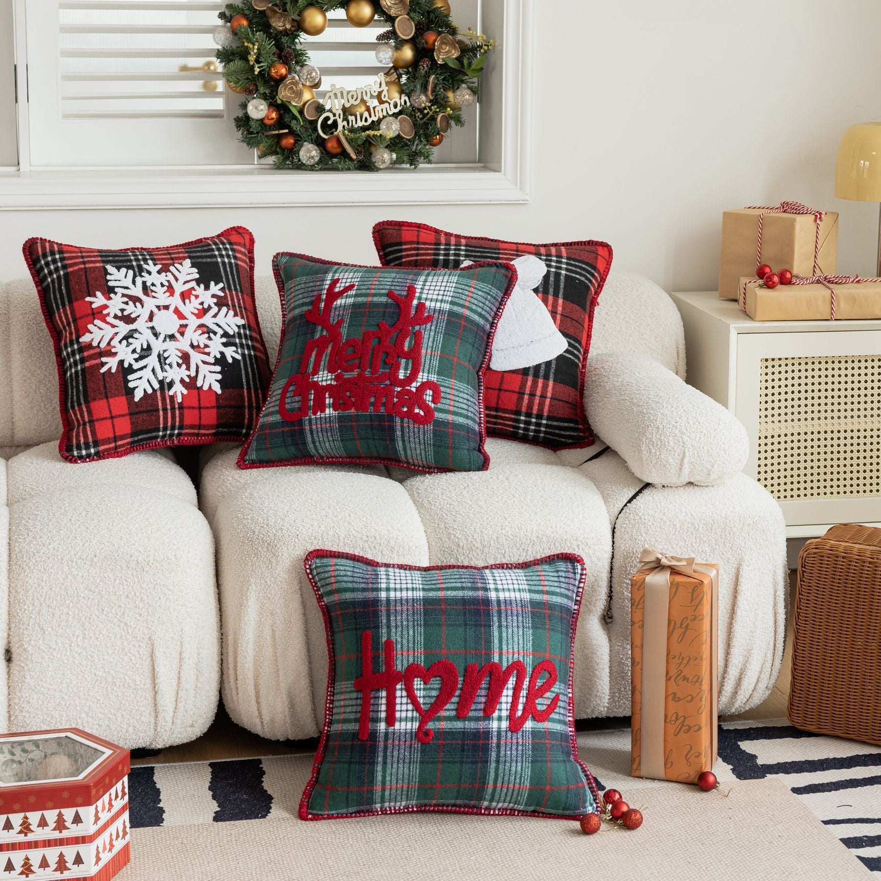 Christmas Embroidery Pillowcase Plaid Christmas Bedside Sofa Cushion Cover