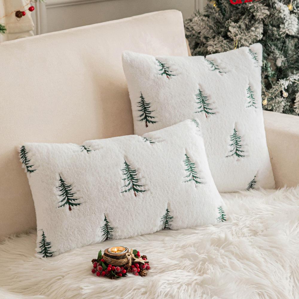 Imitation rabbit fur plush pillowcase Christmas tree embroidery living room sofa cushion cover Christmas decor